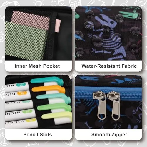 BERRYRIZZ Large Capacity Pencil Case Pen Pouch Organizer Canvas Pencil Bag with Name Stickers School Supplies for Teen Boys-Black & Blue Dinosaur Fossil