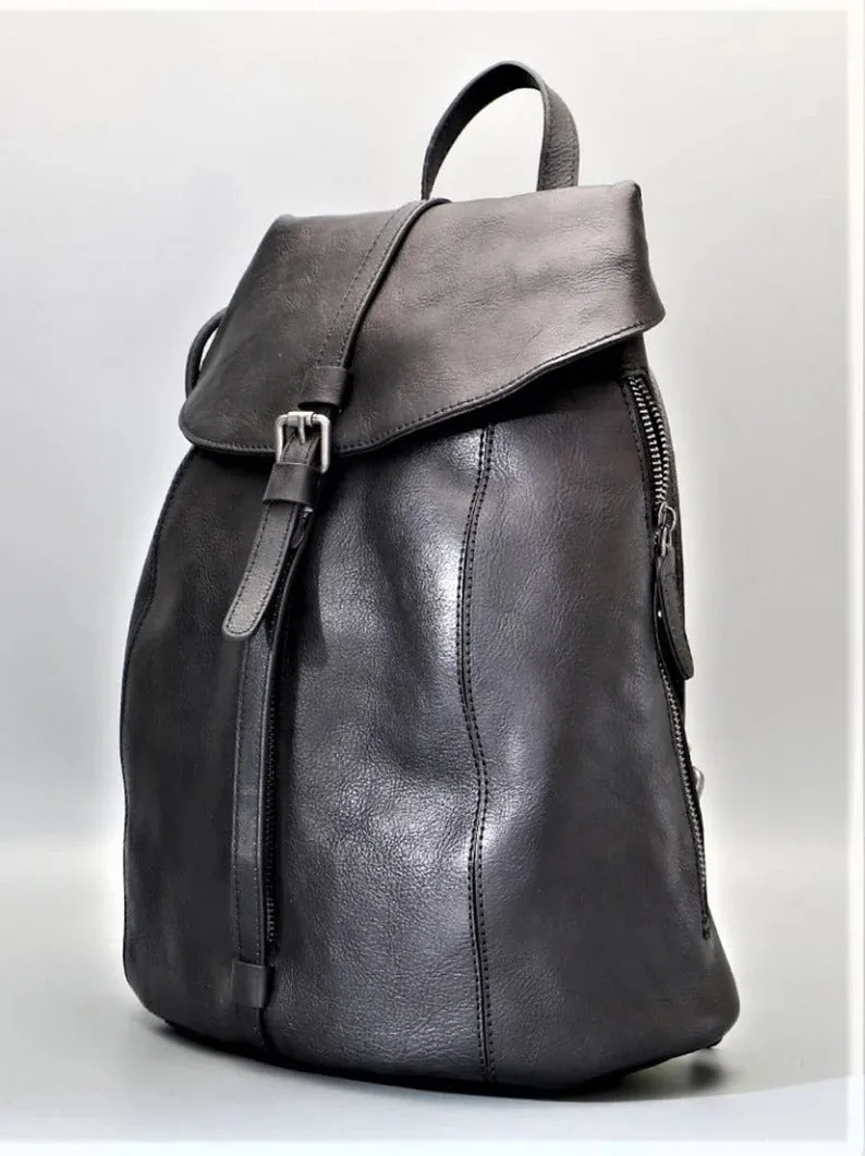 Black Zipper Leather Backpack for Women