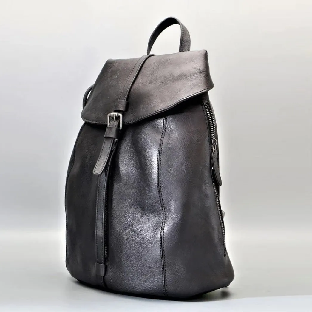 Black Zipper Leather Backpack for Women