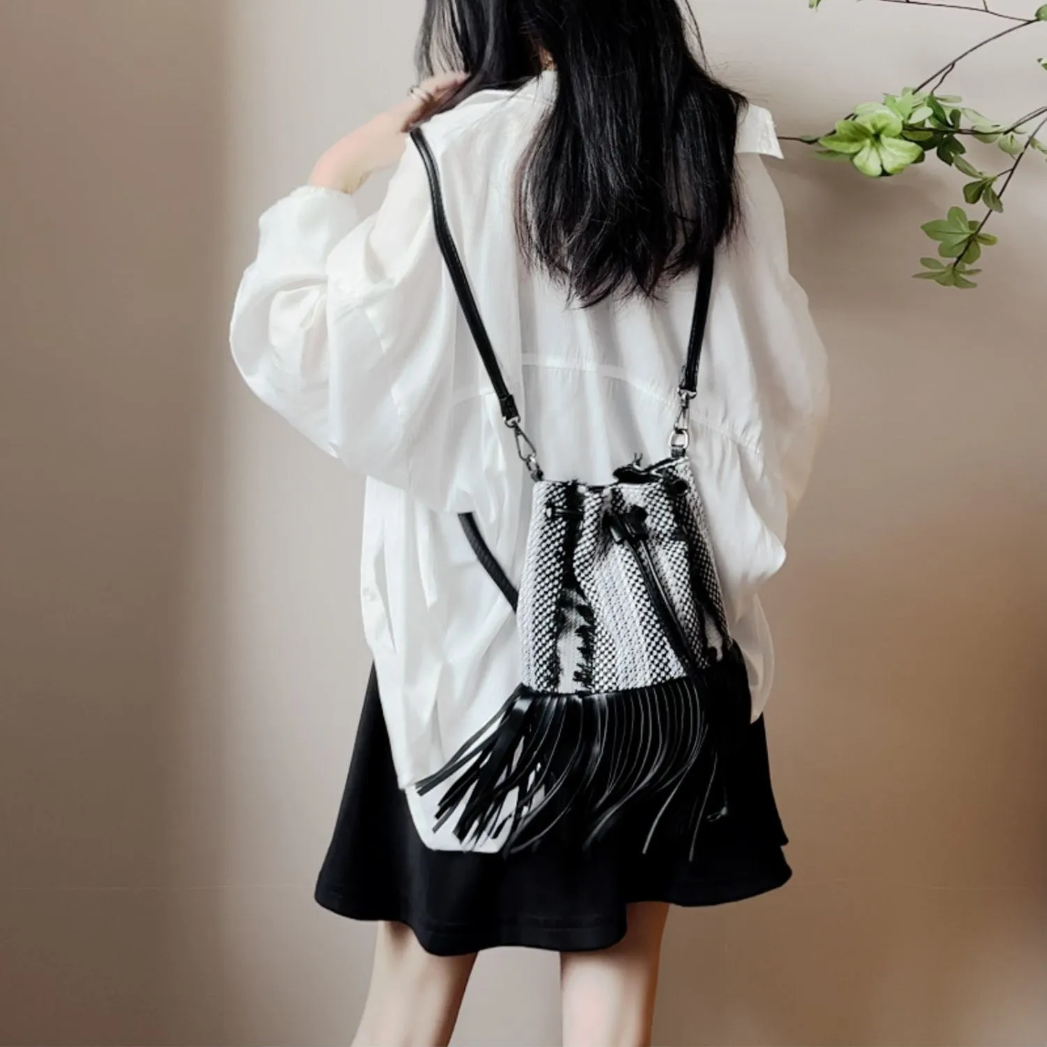Boho Polyester and Vegan Leather Womens Fringe Crossbody Bag Convertible Backpack Purse