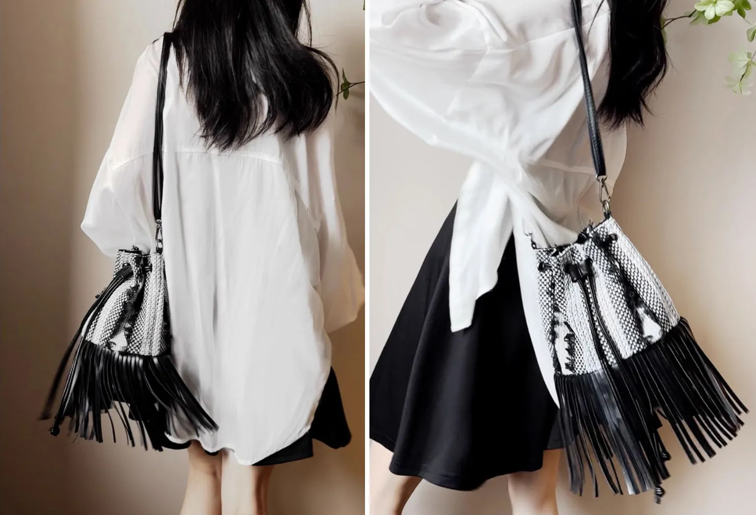 Boho Polyester and Vegan Leather Womens Fringe Crossbody Bag Convertible Backpack Purse