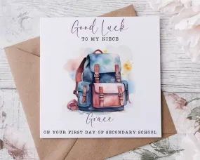 First day at school card  -vintage backpack