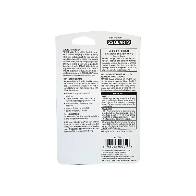 Potable Aqua Water Purification Germicidal Tablets