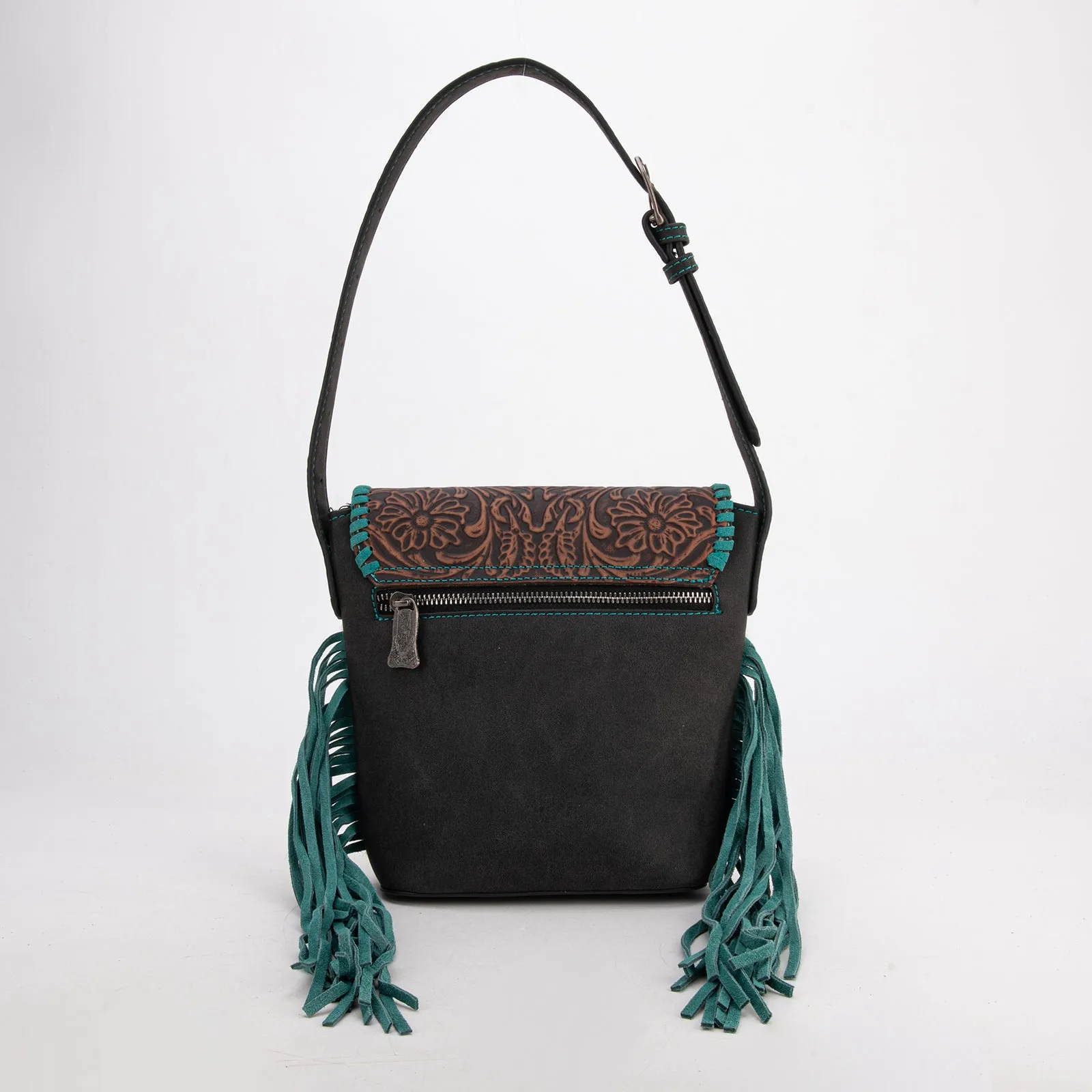 TR182-9181  Trinity Ranch Genuine Hair-On Cowhide Tooled Fringe Shoulder Bag- Black