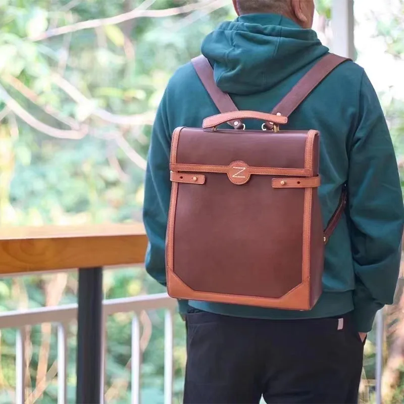 Vintage Fashion Vegetable Tanned Leather Colour Clash Backpack