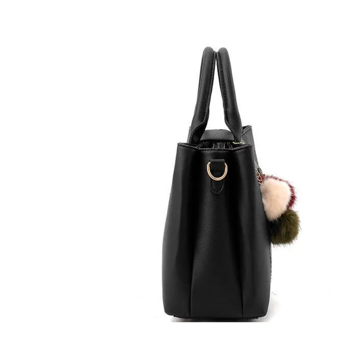 Women Faux-Leather Tote Messenger Handbag with Belt Buckle Lock and Tassel