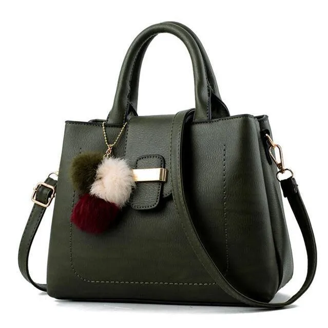 Women Faux-Leather Tote Messenger Handbag with Belt Buckle Lock and Tassel
