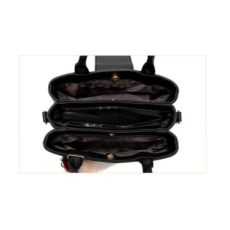 Women Faux-Leather Tote Messenger Handbag with Belt Buckle Lock and Tassel