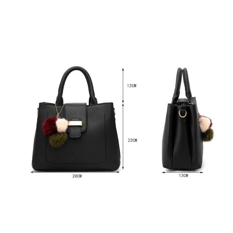 Women Faux-Leather Tote Messenger Handbag with Belt Buckle Lock and Tassel