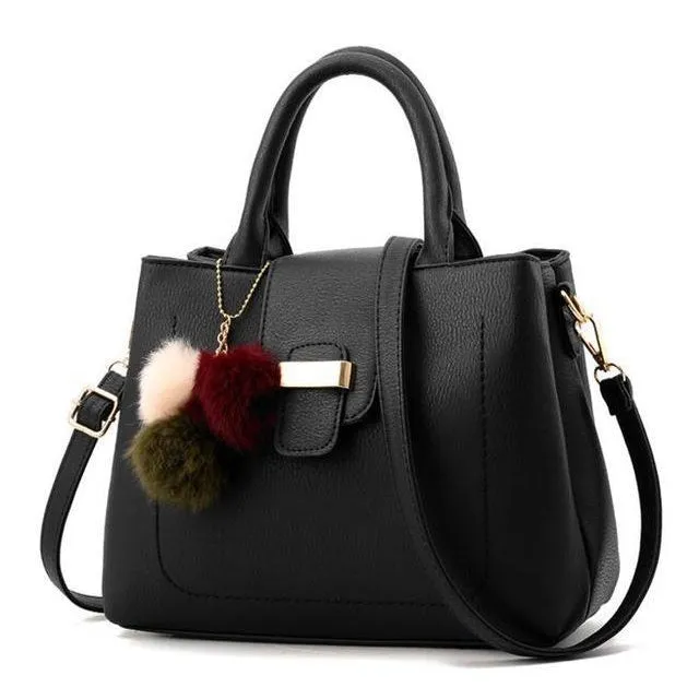 Women Faux-Leather Tote Messenger Handbag with Belt Buckle Lock and Tassel
