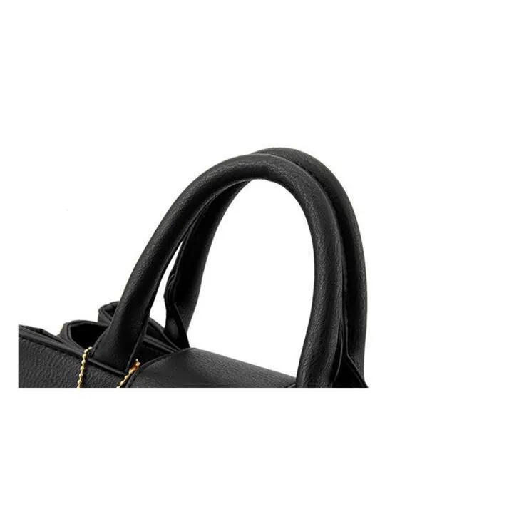 Women Faux-Leather Tote Messenger Handbag with Belt Buckle Lock and Tassel