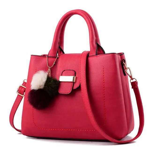 Women Faux-Leather Tote Messenger Handbag with Belt Buckle Lock and Tassel
